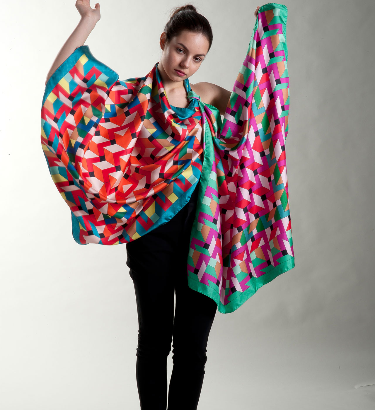 Wool Silk Scarf Designer 140 Hand Rolled Double-sided Print Silk